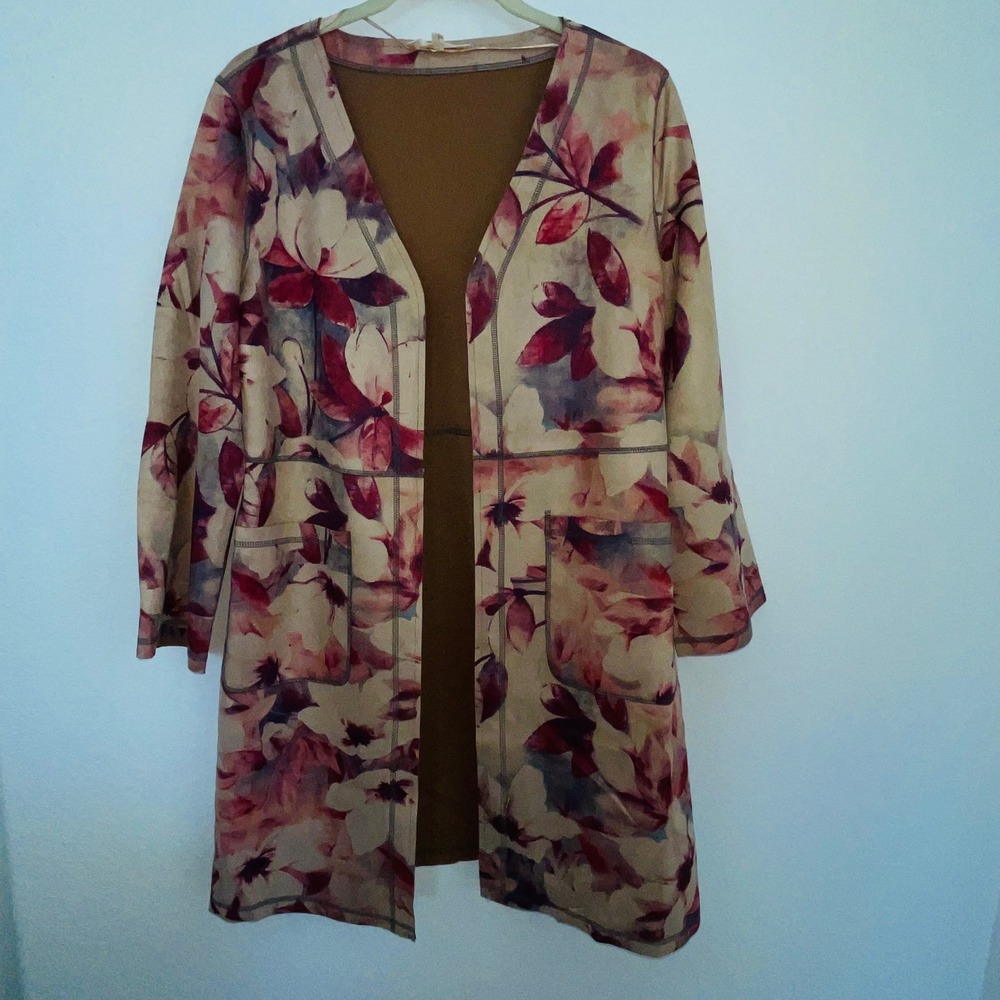 Solitaire Floral Duster Jacket Cardigan Coat Size M Open Front Pockets Long Pink